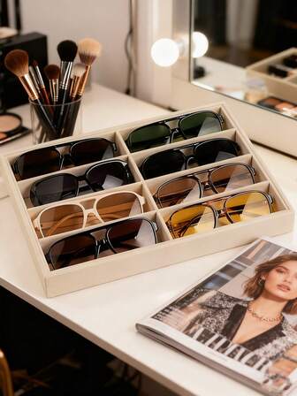 Sunglasses Storage Box, Beige Velvet Glasses Tray - Glasses, Watches And Jewelry Display - Men's And Women (8 Compartments),8-Compartment Velvet Sunglasses And Jewelry Organizer Tray, Polyester Fabric Glasses And Accessories