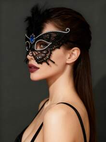 Máscara de encaje con rhinestones de lujo, máscara negra hueca con plumas artificiales, accesorio de nivel de reina para fiesta de mascarada veneciana, máscara de ojos romántica para pareja disfraz del Día de San Valentín - Negro - Ver 7
