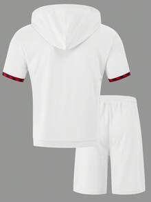 2 pièces/Set Sweat à capuche blanc décontracté rétro minimaliste pour hommes + Short à cordon de serrage et poche pour hommes, mode simpliste, convient au style de rue printemps/été et aux sports de plein air - Blanc - Voir 3