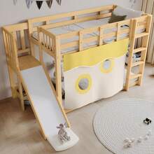 Wooden Bunk Bed With Ladder And Railing, With Curtain, Slide, Children's Bed With Fall Protection And Railing, MDF+Pine, White, 90x200cm - 自然色 - 查看 9