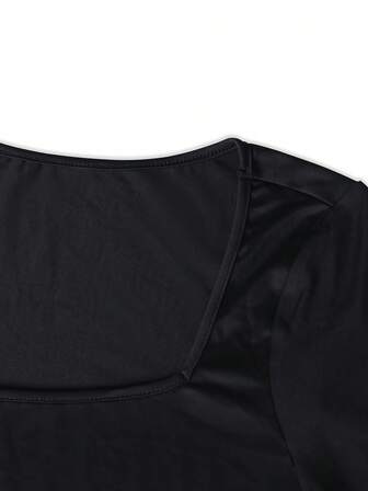 性感纯色加大码方领短袖高开衩短款迷你连衣裙，适合春夏季、约会、派对/夜店、新年装