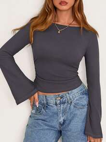Fall New Arrival Women's Long-Sleeve Top Crop-Top Style Casual Outerwear Boat Neck With Bell Sleeves Ribbed Pleated Design Millennial-Inspired Fashion - 深灰色 - 查看 6