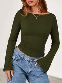 Fall New Arrival Women's Long-Sleeve Top Crop-Top Style Casual Outerwear Boat Neck With Bell Sleeves Ribbed Pleated Design Millennial-Inspired Fashion - 軍綠色 - 查看 3
