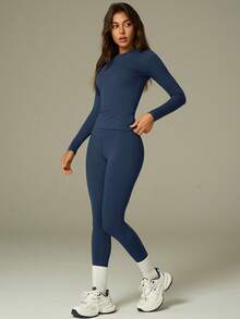 UONNOU Bộ đồ tập yoga hai mảnh thoải mái, giúp thon gọn vóc dáng | Áo dài tay + Quần legging cạp cao cho các hoạt động hàng ngày. - Màu xanh hải quân - Xem 10