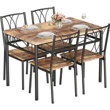 Mesa de comedor industrial de 5 piezas para 4, marco de metal pesado y mesa y sillas de madera, conjunto de muebles de cocina de ahorro de espacio para apartamento, restaurante, comedor - Sillas marrón-MDF - Ver 4