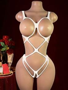 Plus Size Sexy Backless Bikini, Hollow-Out Design, Three-Point Thong Jumpsuit, Suitable For Concerts And Various Festivals - White - View 1