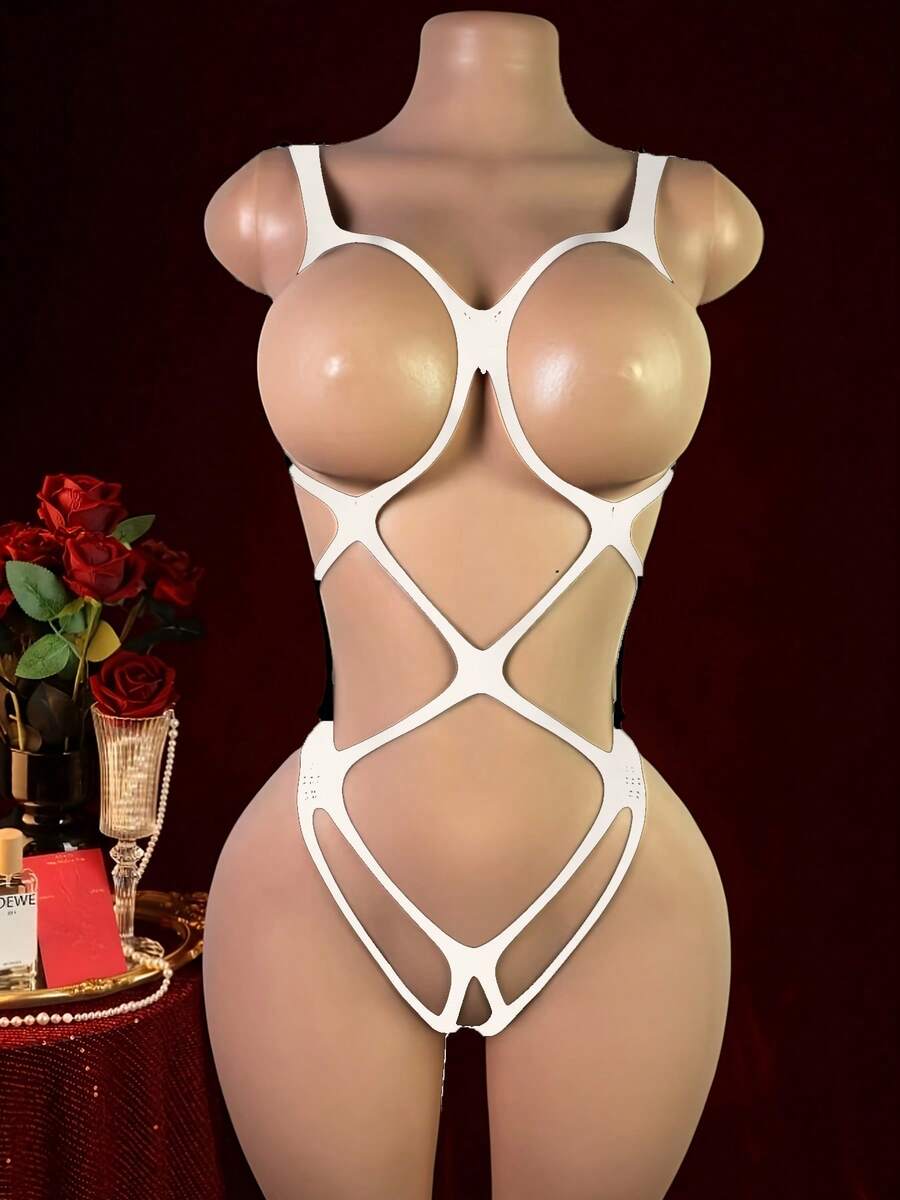 Plus Size Sexy Backless Bikini, Hollow-Out Design, Three-Point Thong Jumpsuit, Suitable For Concerts And Various Festivals - White - View 1