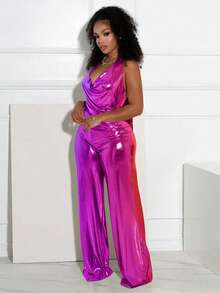 Women's Fashion Sexy Metallic Futuristic Music Festival Style Open Back Draped Neck Jumpsuit Summer Elegant - 玫紅色 - 查看 5