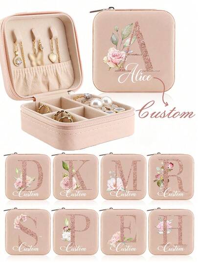 Joyero personalizado para almacenamiento de joyas durante actividades deportivas, joyero personalizado con nombre para mujer, joyero para dama de honor, estuche de joyas para niñas, caja para anillos, joyero de viaje con nombre personalizado, estuche de viaje beige personalizado con cierre de cremallera y forro de tela, regalo perfecto para propuesta de dama de honor o recuerdo de pareja