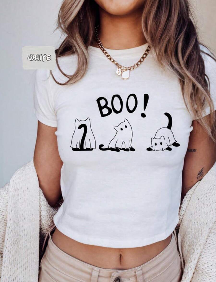 Halloween Ghost Shirt, Halloween Cat Shirt, Cat Shirt, Spooky Cat Tee, Cute Fall Spooky Season Tee, - 白色 - 查看 1
