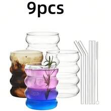 Conjunto de 9 copos de vidro canelados com canudos de vidro, copos de café gelado estéticos de grande capacidade, copos de vidro ondulados com bolhas, copos de vidro canelados, copos de cerveja, copos de refrigerante para coquetel, presente de Natal, utensílios para bebidas de cerveja, café gelado, conjunto de copos de vidro, copos com design ondulado, utensílios para bebidas modernos, textura canelada - Multicolorido - Ver 3