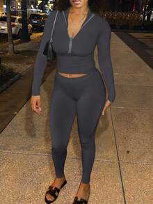 LovelyWholesale Completo da donna casual, composto da top con chiusura lampo e collo a lupetto a maniche lunghe e leggings aderenti, set da palestra in 2 pezzi, abbigliamento autunnale per donna