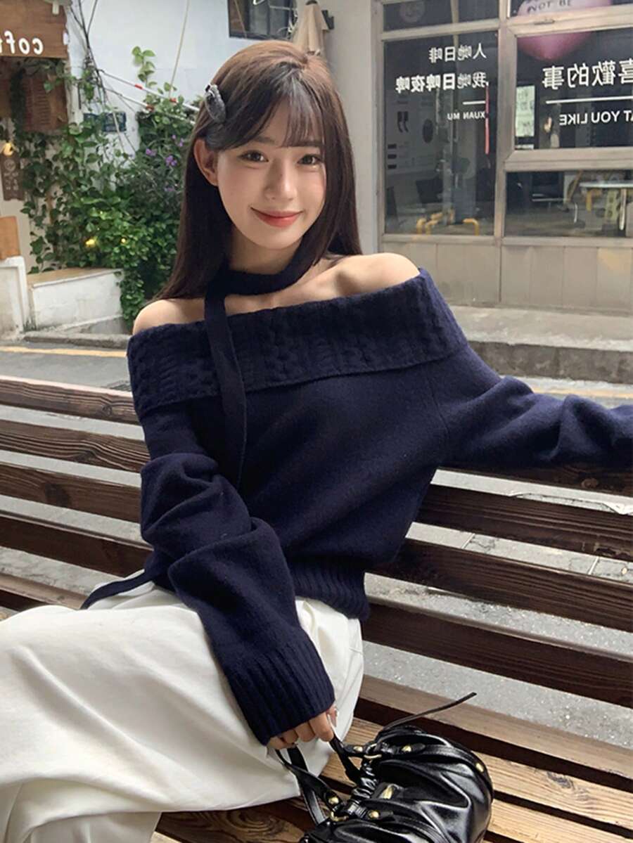 女士灰色露肩毛衣，修身剪裁，精致针织上衣，质感优质，秋冬 - 藏青色 - 查看 1