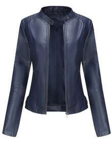Áo khoác da giả dáng ôm dành cho nữ, Áo khoác mô tô mỏng, Cổ đứng, Áo khoác ngoài Xuân/Thu - Màu xanh hải quân - Xem 4