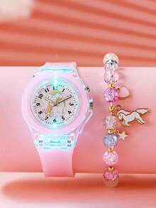 2pcs/Set Jam Tangan Anak Perempuan Bercahaya, Jam Tangan LED Bercahaya Kartun Unicorn, Jam Tangan Quartz & Gelang Manik-manik - Berwarna merah muda - View 2