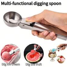 1 Piece, Ice Cream Scoop, Melon Seed Scoop, Stainless Steel Baking Scoop, Dig-Out Ice Cream Scoop With Trigger, Modern Dough Scoop, Reusable Melon Seed Scoop, Suitable For Restaurants, Weddings, Parties, Home Kitchen Gadgets, Dorm Essentials - Multifunctional Spoon - View 1