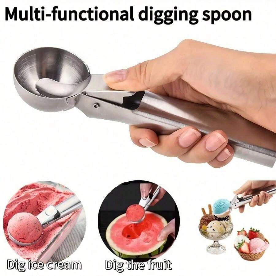 1 Piece, Ice Cream Scoop, Melon Seed Scoop, Stainless Steel Baking Scoop, Dig-Out Ice Cream Scoop With Trigger, Modern Dough Scoop, Reusable Melon Seed Scoop, Suitable For Restaurants, Weddings, Parties, Home Kitchen Gadgets, Dorm Essentials - Multifunctional Spoon - View 1