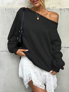 Women's Fleece Lined Off Shoulder Long Sleeve Oversized Pullover Top, Slouchy Basic Sweatshirt 8UTF - Gray - 查看 9