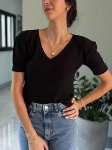 Modal Knit Blouse With V-Neck - Summer 2026 - Negro - Ver 2