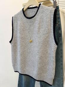 分层针织背心，感恩节和圣诞节的学院风秋季造型 - 淺灰色 - 查看 2