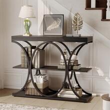 Mesas de Consola estrechas de 39 Pulgadas para Entrada, Mesa de sofá Industrial de 3 Niveles con Base Redonda de Metal y estantes de Almacenamiento para Sala de Estar, Pasillo, vestíbulo - Negro - Ver 8
