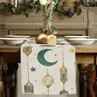 1 Piece Of Ramadan Themed Table Runner, Gold And Green Lantern Moon Printed Tablecloth With Crescent, Star, And Lantern Designs, Durable Polyester Rectangular Tablecloth Suitable For Kitchen, Dining, Party, And Home Decor, Rural Festival Decoration, With Various Sizes To Choose From, Making It An Ideal Choice As A Gift.