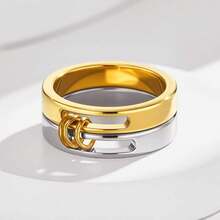 Fashionable And Unique Geometric-Shaped Double-Color Finger Ring, Stainless Steel Hollowed-Out Ladies' Stackable Ring, Suitable For Daily Gatherings, Parties, Versatile Jewelry Accessories For Various Occasions Such As Valentine's Day, Wedding Season, Birthday Parties, And Jewelry Gifts For Birthdays - RY020 - View 1