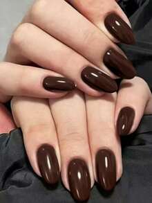 24pcs Long Oval Chocolate Brown Artificial Nails, Wearable, High-End Fashion Nail Stickers Suitable For Ladies & Girls Party, Includes Nail File - Chocolate Brown - View 2