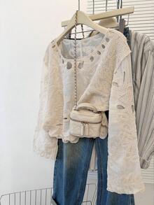 JIANHU 女式夏季蕾丝长袖衬衫 - 波西米亚风上衣，带有精致的镂空细节和喇叭形下摆，适合城市散步/周末出游/约会的休闲街头服饰 | 轻盈透气 - 杏色 - 查看 6