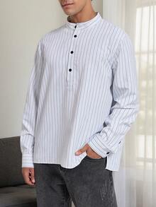 Herren Lässiges, bequemes Langarm Hemd, erfrischende Leinwand-Kontrast-gestreifte Kurta, Herren Weißes Lässig Hemd