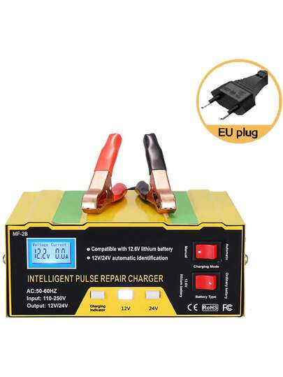 Cargador de batería de automóvil, cargador de batería de automóvil de 12 V/24 V, cargador de reparación de pulso inteligente con pantalla digital, adecuado para baterías de 12 V/24 V en automóviles, motocicletas, barcos, etc.