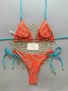 Bộ bikini hai mảnh màu trơn, kiểu dáng giản dị, thanh lịch, gợi cảm, buộc dây, đính hạt ngọc trai và chấm bi, phong cách Bohemian, thích hợp mặc đi biển, nghỉ dưỡng, du lịch mùa xuân/hè. - trái cam - Xem 2