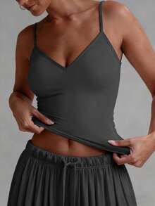 XLLAIS Sexig rygglös V-ringad damlinne, elastisk avslappnad spaghettiband sommar vit topp - Grå - Visa 3