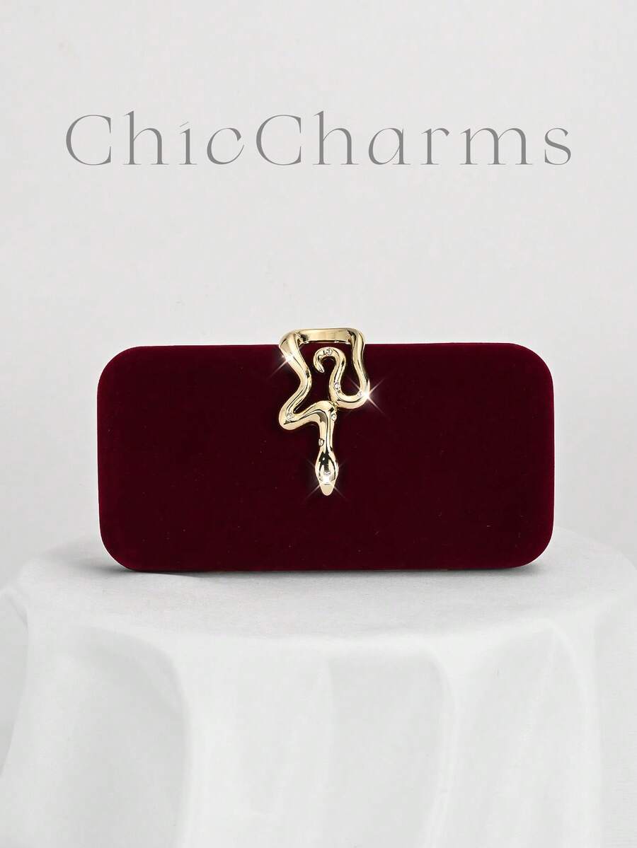 1 buah Tas Clutch Kecil Elegan Beludru Hitam, Tas Tangan Modis dengan Hiasan Rantai Berlian Imitasi dan Kunci Kepala Ular, Cocok untuk Gaun Malam, Acara Makan Malam Formal, Pernikahan, Pesta, Koktail, Hadiah untuk Wanita