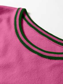 Acelitt Women's Autumn Floral Print Puff Sleeve Patchwork Knit Crew Neck Sweater, Dark Green - Hot Pink - View 6