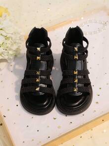 1 Pair Black Roman Sandals For Teenage Girls, Soft Leather & Fabric Woven Patchwork, Gold Buckle Decor, Zipper Back, Open Toe, Non-Slip Soft Sole, Fashion & Cute, Suitable For 3-15 Years Old Girls Daily, Beach, Campus, Holiday Wear, Spring/Summer 2026 - Black - View 5