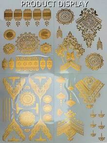 9 pièces Autocollants de tatouage temporaire au henné doré, tatouages au henné pailleté, tatouages pour les mains, tatouages métalliques dorés pour adultes femmes, ensemble de faux tatouages de fleurs mandala dorées, convient pour mariage, fête, vacances, Saint-Valentin - Doré - Voir 5