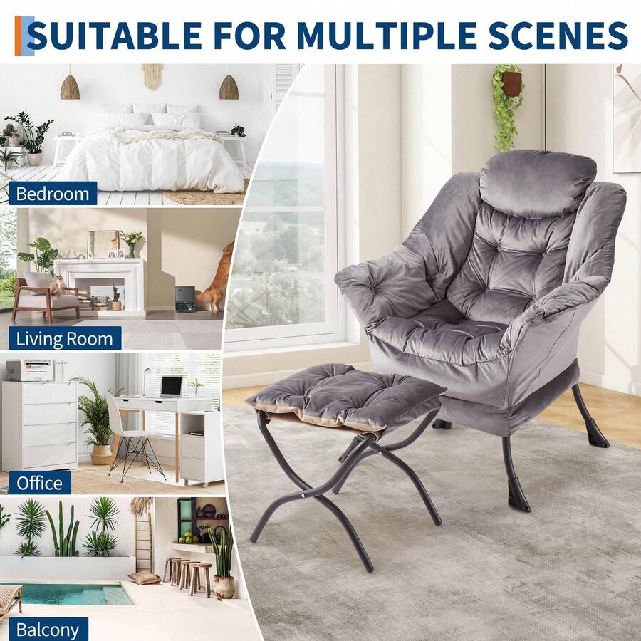 Sillón con otomana, sillón grande con otomana, sillones de lectura con bolsillo lateral para sala de estar, dormitorio y oficina, gris - Gris - Ver 1