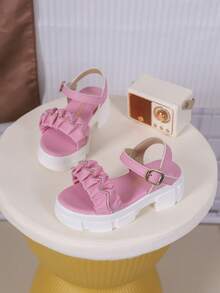 儿童PU皮厚底拖鞋一双，时尚简约，适合夏季穿着 - 粉色 - 查看 4