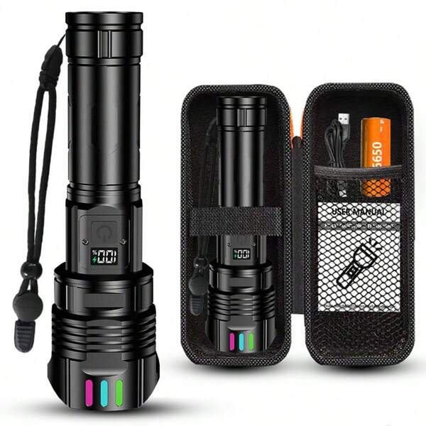 1PC LED Flashlight,5 Modes, Rechargeable Handheld Tactical Light ,Aluminum Alloy,USB Type-C,Multi-Functional Torch,For Outdoor,Camping,Fishing,Emergency-Includes Battery,Belt Clip,Hand Strap,USBCable,Instruction.