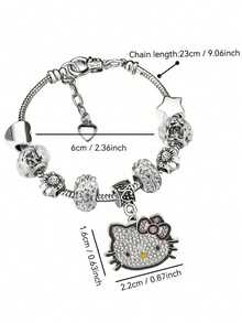 2 Pieces Set, Necklace+Bracelet Set, Cute Cartoon Themed Jewelry Set For Hello Kitty, Zinc Alloy Bracelet Set With Sparkling Crystals, Fashionable Accessory, Including Necklace And Bracelet, Suitable For Daily Wear And Gift Giving, Perfect For Valentine's Day