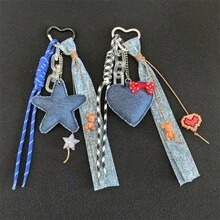 1pc Denim Style Heart & Star Woven Lanyard Keychain, Ins Style Bag Charm - Multicolor - View 1