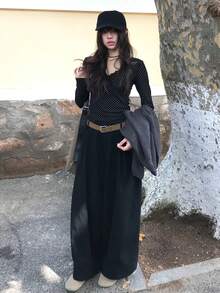 法式蕾丝波点荷叶边V领长袖女士春季修身吊带背心 - 黑色 - 查看 5