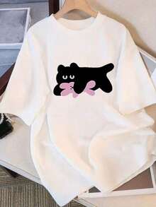 Women's Loose-Fitting Black 100% Cotton T-Shirt With Cartoon Cat Pattern - Crew Neck, Short Sleeve, Casual Top, Soft And Durable, Machine Washable, Year-Round Comfort, Comfortable Outdoor Wear, Fun Graphic Tee, Soft Textured T-Shirt - 黑色 - 查看 6
