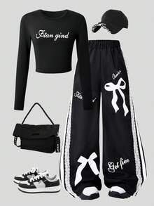 女士春秋季/休闲学院风两件套/黑色/织纹字母蝴蝶图案印花长裤+字母印花长袖上衣套装，学院风/清凉职场连衣裙少女风阔腿裤套装 - 黑色 - 查看 2