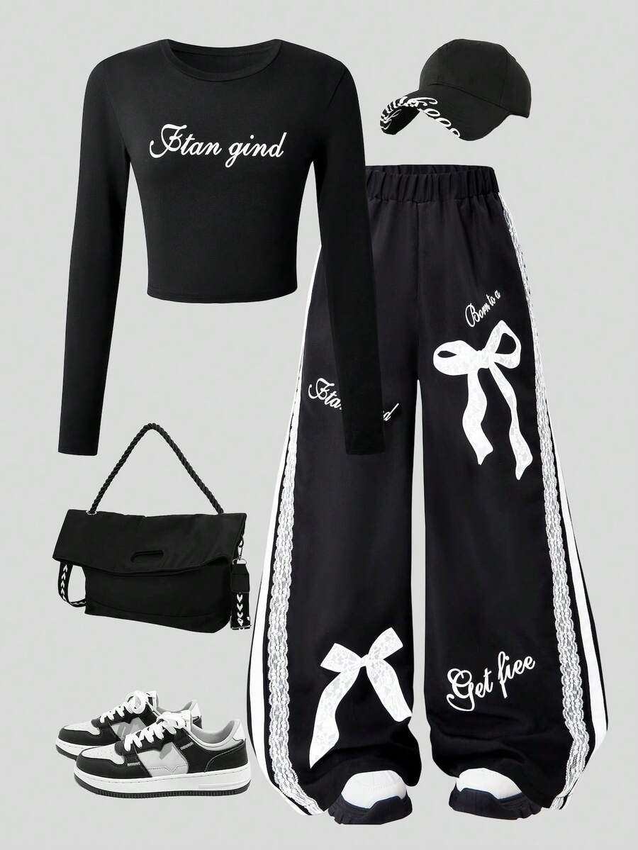 女士春秋季/休闲学院风两件套/黑色/织纹字母蝴蝶图案印花长裤+字母印花长袖上衣套装，学院风/清凉职场连衣裙少女风阔腿裤套装 - 黑色 - 查看 1