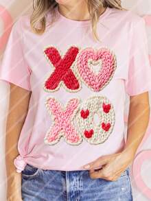 情人节仿毛线 XOXO 爱心 DIY 熨烫热转印贴纸贴片，适用于 T 恤、卫衣、布料、包包、枕套、服装装饰、节日派对装饰，10 英寸 - 粉色 - 查看 8