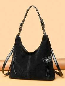 2025新款复古通勤大容量女士手提包 时尚单肩斜挎包 街头皮革 - 黑色 - 查看 2