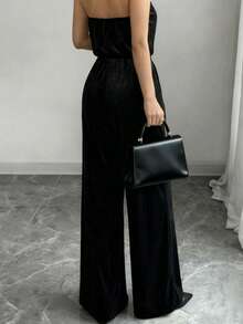 Salopetă elegantă pentru femei, cu guler halter, cu decorațiuni, textură moale, potrivită pentru primăvară/vară, potrivită pentru prezentări de modă, festivaluri, purtare zilnică, zile de naștere, petreceri, călătorii, aeroporturi, Crăciun, Revelion și alte ocazii. - Negru - Vizualizare 6