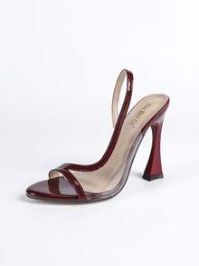 Jin Bei Qi 女士尖头纯色漆皮透明玻璃鞋跟套脚露趾户外派对细高跟凉鞋，独特鞋跟设计，优雅时尚，适合派对、宴会、浪漫场合，酒红色 - 酒紅色 - 查看 7